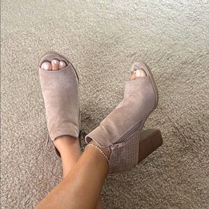 Beige Peep-Toe Ankle Heel Booties